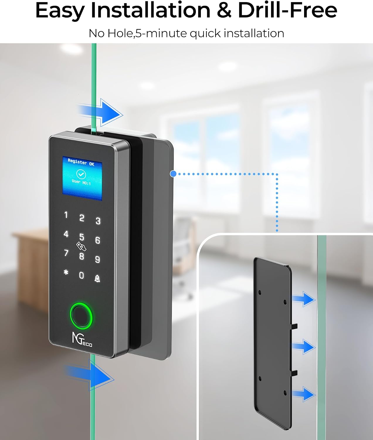 NGTeco WiFi Smart Glass Door Lock, 4 Keyless Entry Ways (Fingerprint/IC Card/Password/App Remote) No Drill Lock with Doorbell, Remote Control for Home, Green House, Cabinet, Office