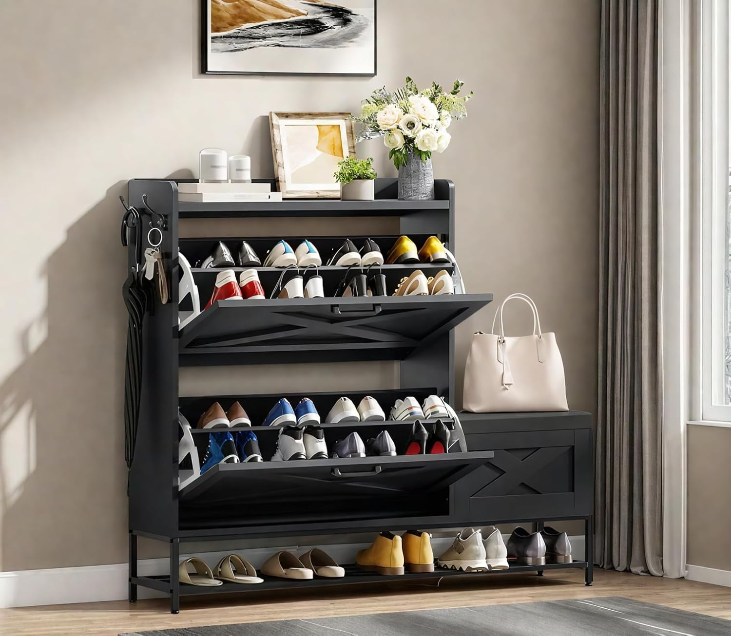 DWVO Shoe Storage Cabinet with 2 Flip Drawers for 16 Pairs, Farmhouse Shoe Organizer with Bench, Narrow Slim Shoe Rack Cabinet for Entryway, Living Room, Hallway (White)