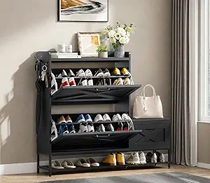 DWVO Farmhouse Shoe Storage Cabinet with 2 Flip Drawers for 16 Pairs, Entryway Shoe Storage with Shoe Bench, Narrow Slim Shoe Cabinet for Entryway, Living Room, Hallway (Black)