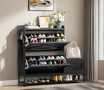 DWVO Farmhouse Shoe Storage Cabinet with 2 Flip Drawers for 16 Pairs, Entryway Shoe Storage with Shoe Bench, Narrow Slim Shoe Cabinet for Entryway, Living Room, Hallway (Black)