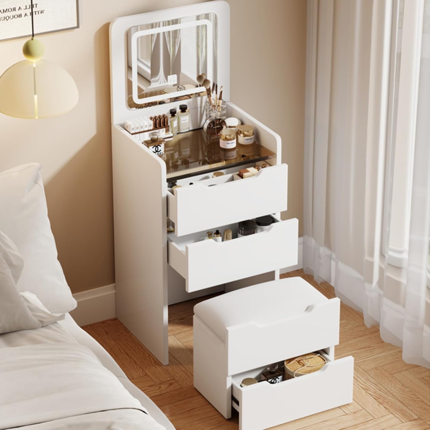 3 in 1 Vanity Desk with Flip Top Mirror, LED Light & Hidden Storage Chair; White Compact Space Saving Foldable Vanity Nightstand Combo with Drawers (18.9" Wide)
