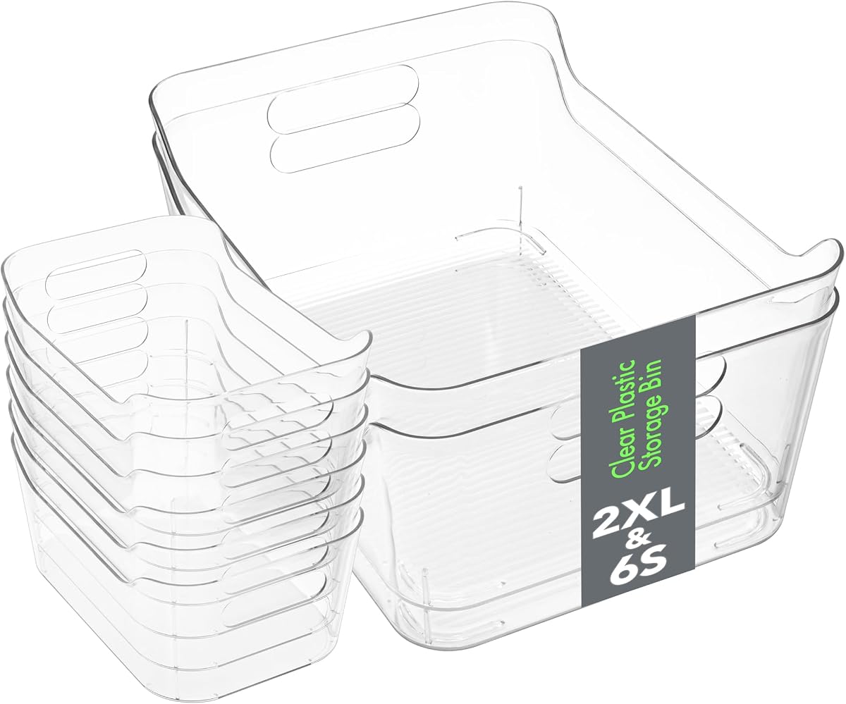 Tiawudi Set of 8 Clear Plastic Storage Bins, 2 Extra Large and 6 Small Storage Containers for Pantry Organization, Multi-Use Organizer Bins for Home, Kitchen, Cabinet, Bathroom, Fridge & Freezer
