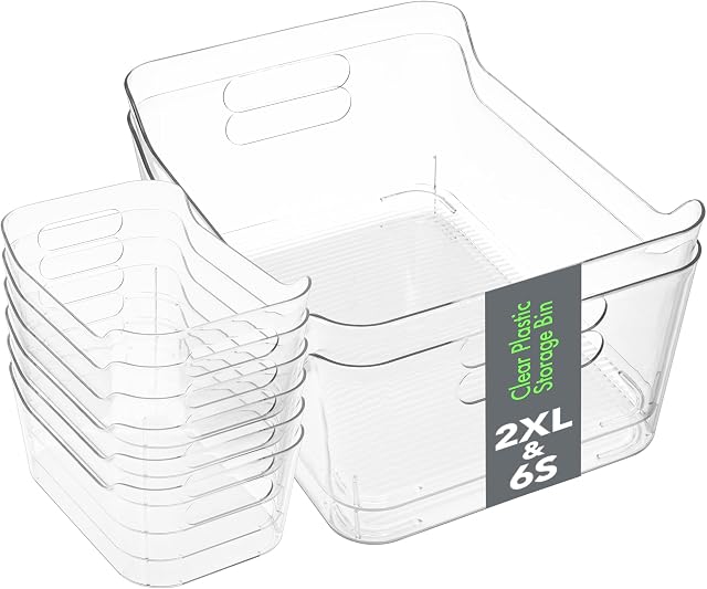 Tiawudi Set of 8 Clear Plastic Storage Bins, 2 Extra Large and 6 Small Storage Containers for Pantry Organization, Multi-Use Organizer Bins for Home, Kitchen, Cabinet, Bathroom, Fridge & Freezer