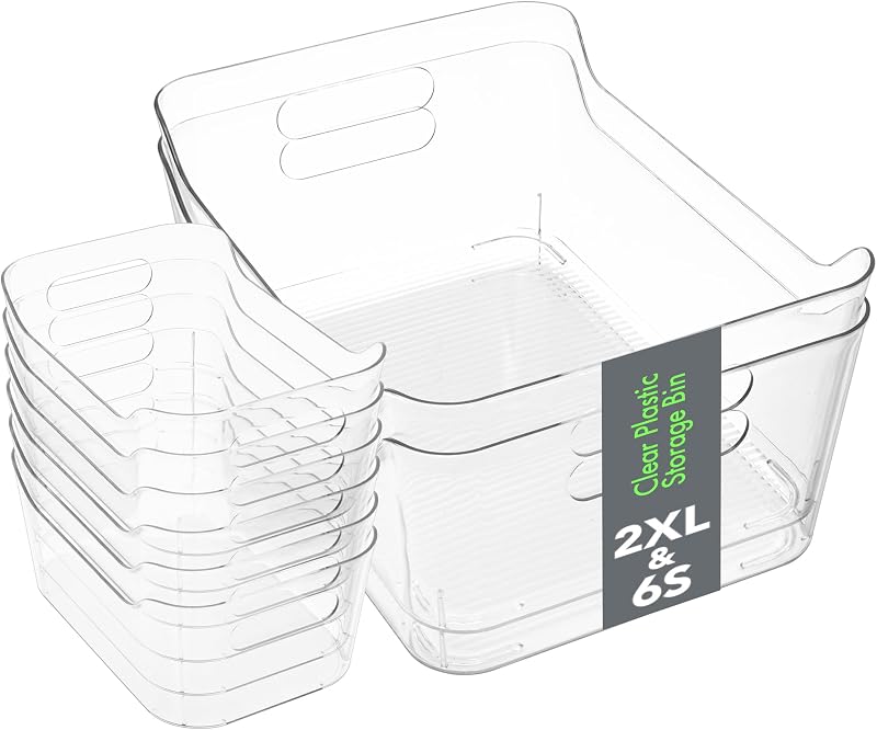 Tiawudi Set of 8 Clear Plastic Storage Bins, 2 Extra Large and 6 Small Storage Containers for Pantry Organization, Multi-Use Organizer Bins for Home, Kitchen, Cabinet, Bathroom, Fridge & Freezer
