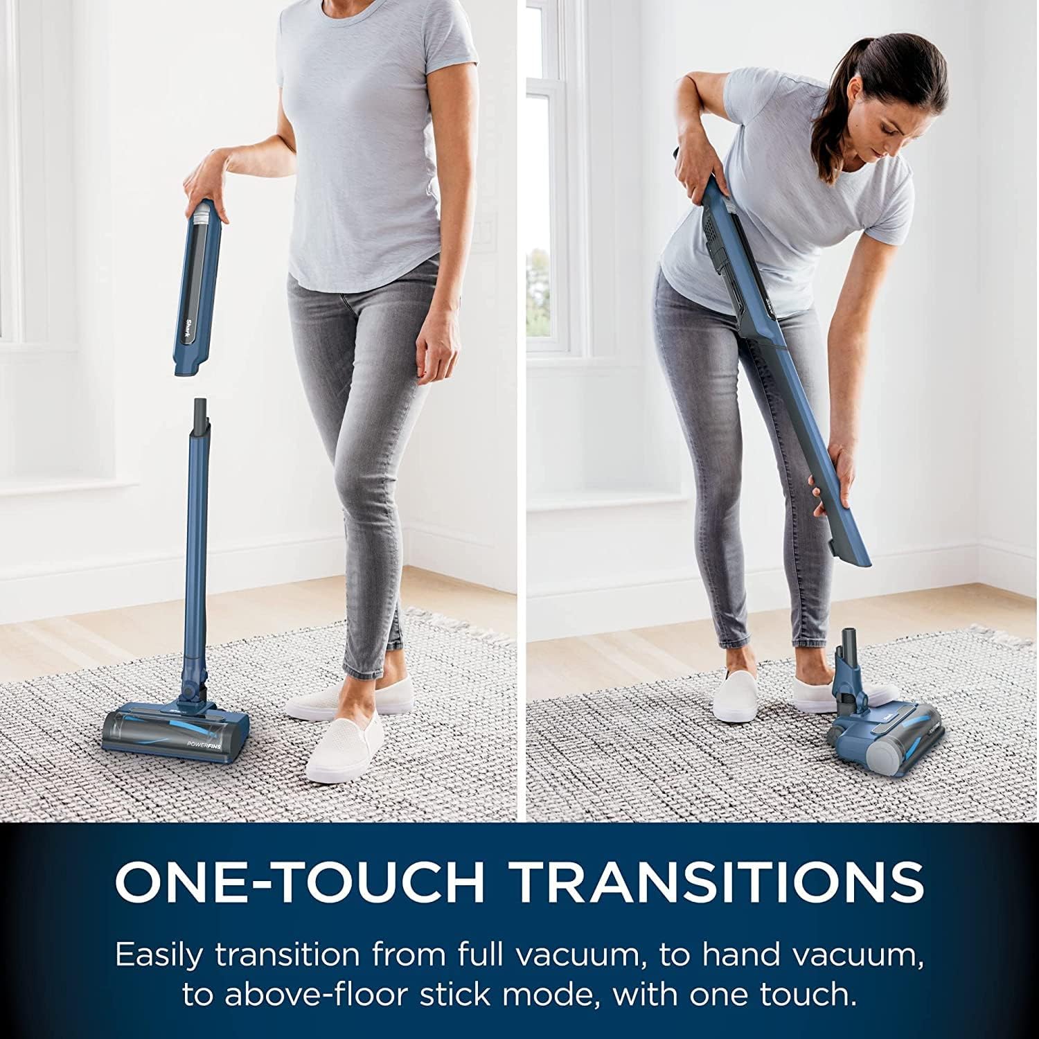 Woman demonstrating one-touch transition from stick vacuum to handheld vacuum