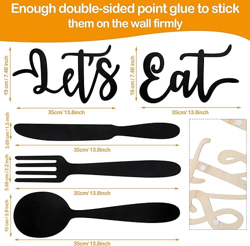 Miniatura 2 de Yerliker Letrero de madera con texto en inglés "Let's Eat", decoración de pared de cocina, tenedor, cuchara, cuchillo, recorte rústico, decoración