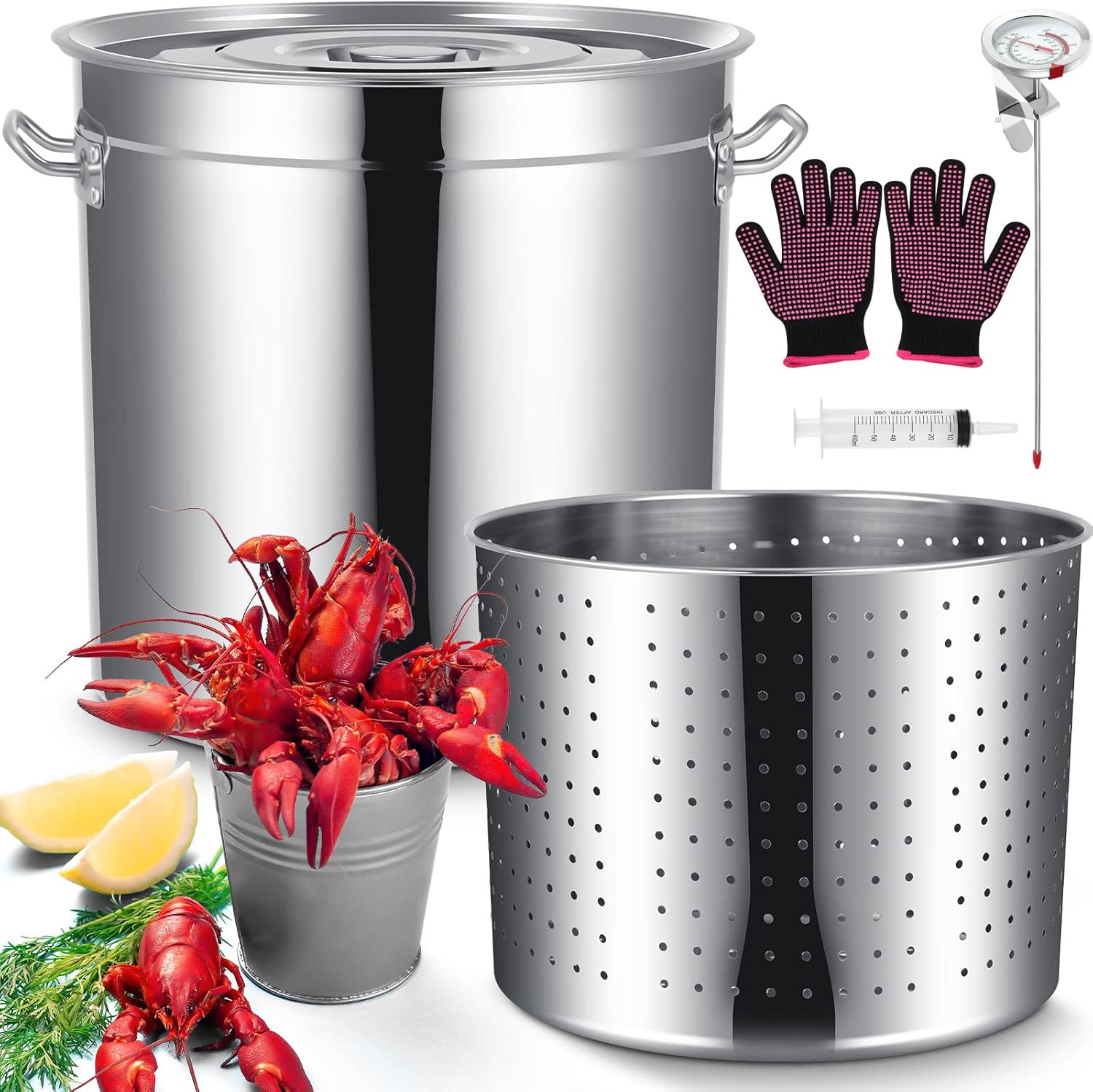Geetery Stainless Steel Seafood Boil Pot with Basket, Stock Pot with Strainer Turkey Fryer Crab Crawfish Lobster Boil Pot with Injector Thermometer and High Temperature Resistant Gloves Kit (36.9 Qt)