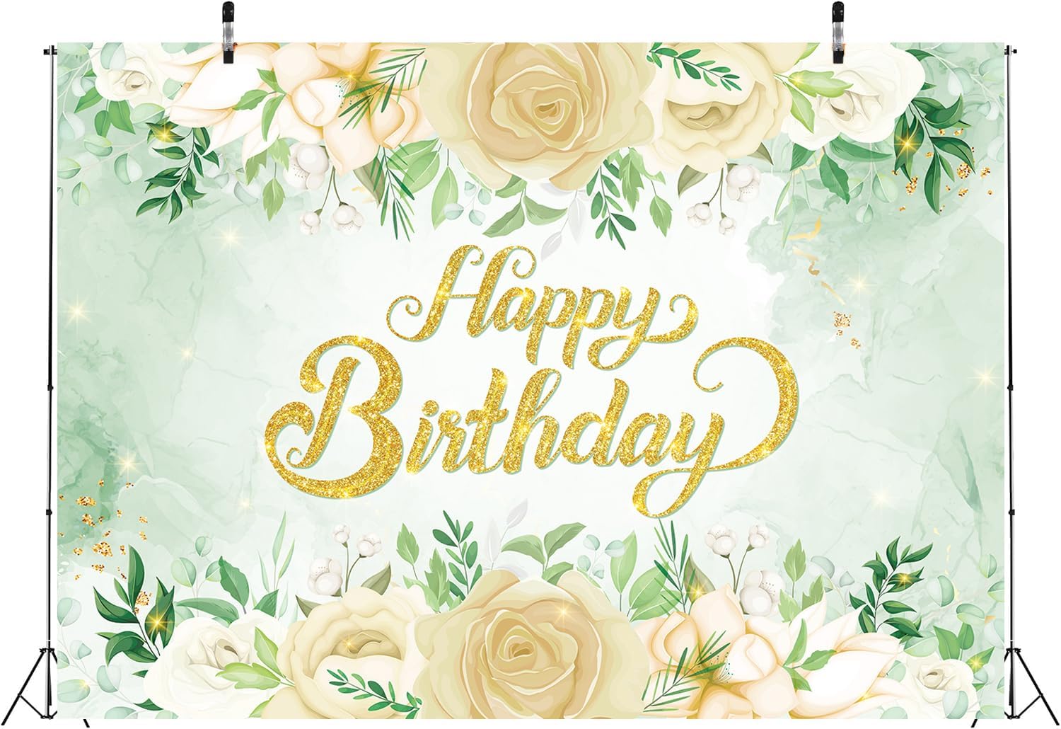 Greenery Happy Birthday Backdrop 8X6FT Sage Green Glitter Gold Eucalyptus Leaves White Rose Flower Photography Background for Girl Birthday Party Decorations Supplies