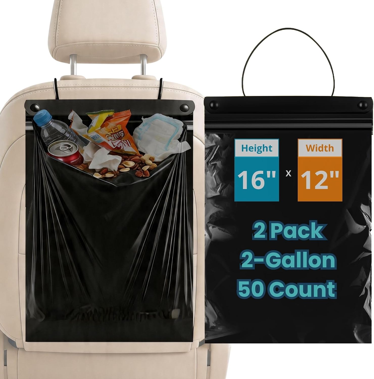 2 Pack 50 Count Recycled PE Disposable Car Trash Bags, Leakproof, Odor-Sealing, 2-Gallon Hanging Garbage Bags for Car, Truck, SUV, RV & Vehicle (Black)