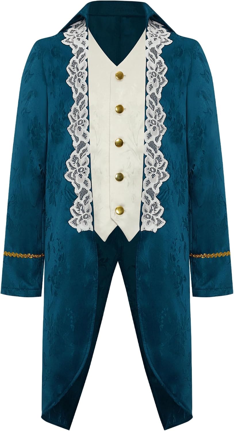 Boys Victorian Nobleman Jacket Medieval Vintage Pirate Tuxedo Coat Renaissance Steampunk Tailcoat Peacock Blue 14 Years