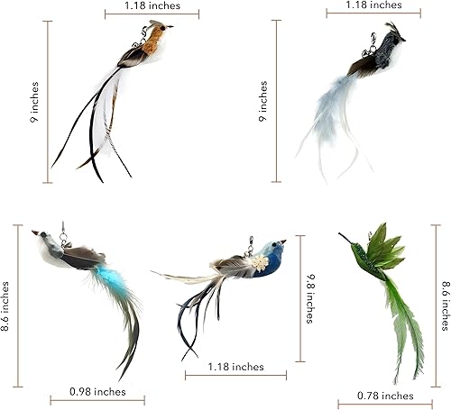 Miniatura 3 de Cabezas de repuesto para pájaros de lujo para juguetes de gatos, juego de 5  Diseños de plumas realistas que incluyen flores azules, dos tonos,