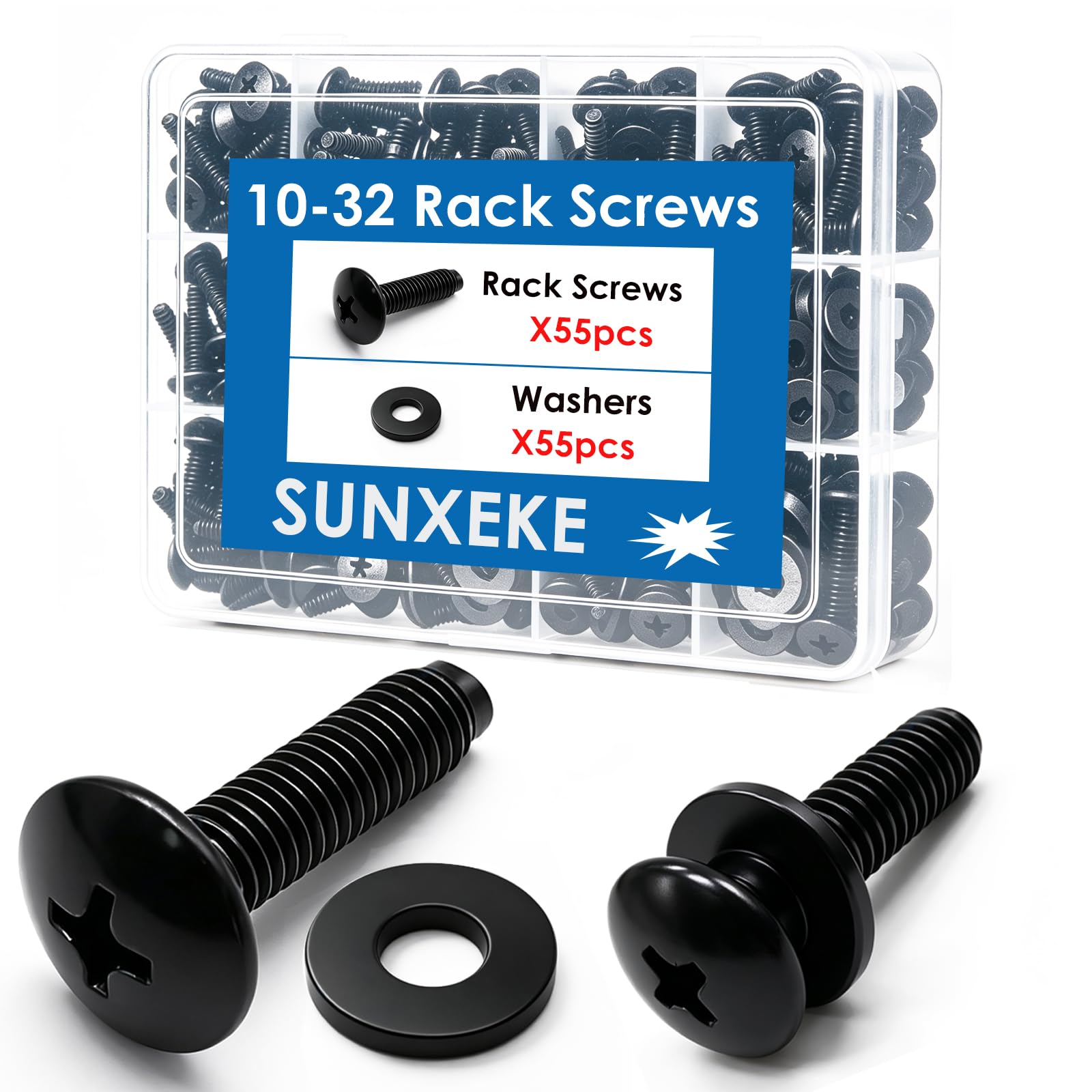 10-32 Rack Screws 55-Pack with Nylon Washers, Universal Rack Mount Fasteners for Server Racks, Network Cabinets, Audio Mounts, Recording Studio, AV Rackmount Hardware