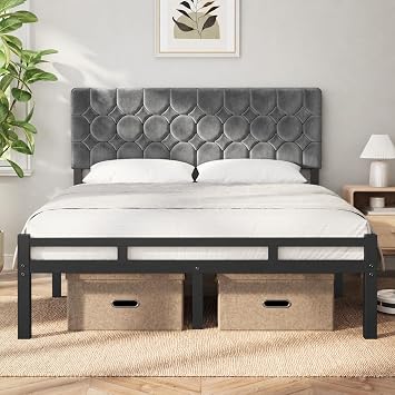 KUTAS 4ft6 Double Bed Frame, 135 x 190 cm, with Adjustable Headboard, Upholstered Velvet Bed, Heavy Duty Metal Bed Frame with Storage, Noise Free, Easy Assembly, 500kg Capacity, Modern Grey