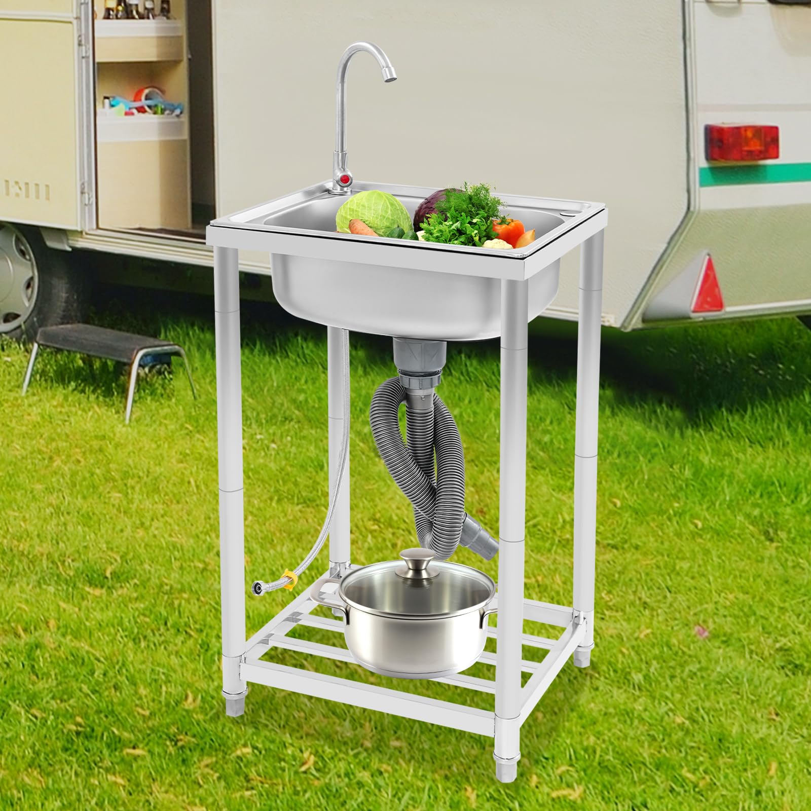 Edelstahl Spültisch 50×40×82 cm, freistehendes Waschbecken | 360° schwenkbarer Wasserhahn, untere Ablage, 50 kg Tragkraft, für Küche, Garage, Garten und Gastronomie