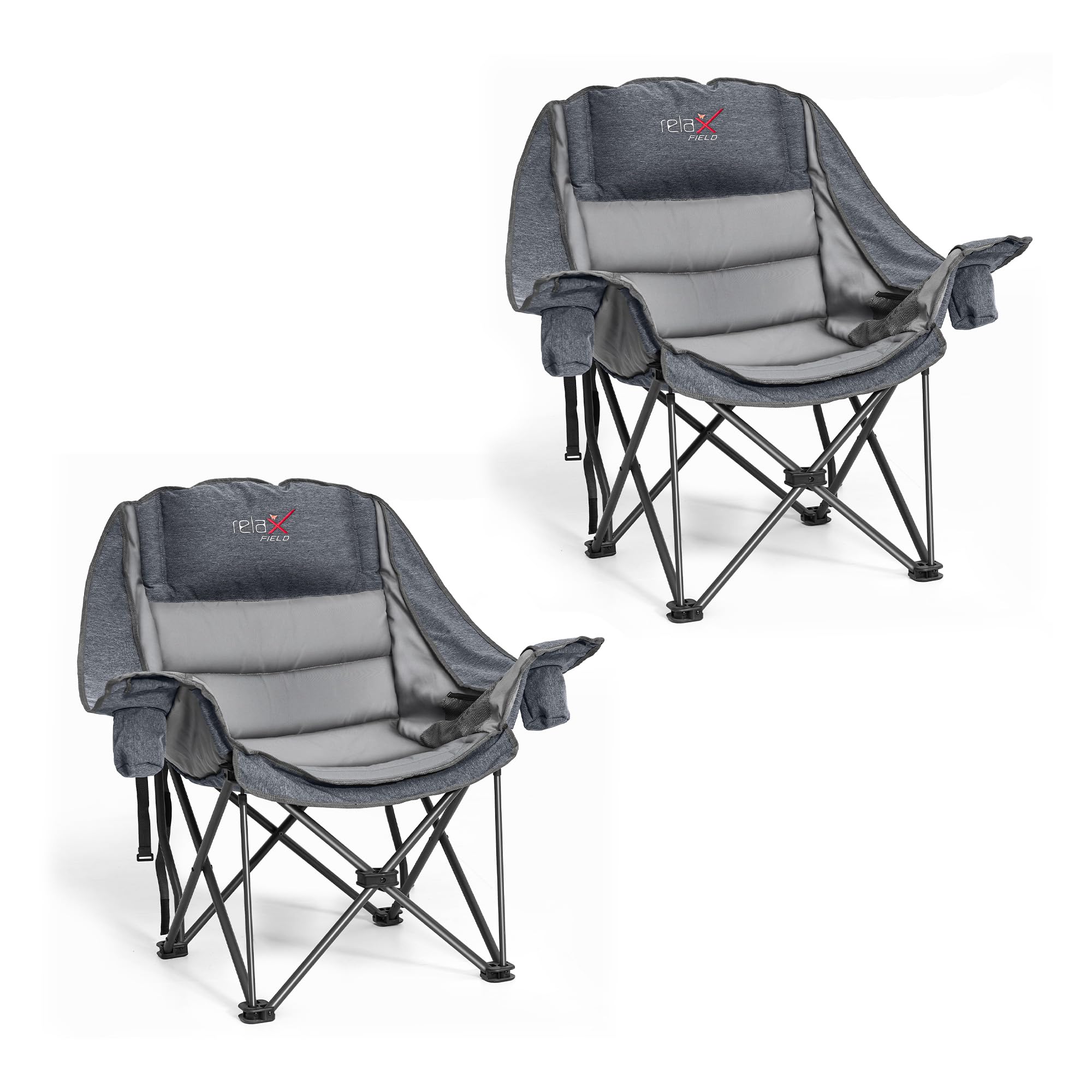 RELAX FIELD Oversized Camping Chair for Adults, Thick Padded Set of 2 Comfort Folding Fishing Chair 227KG with Cup Holder for Outdoor Garden Sport Beach Camp, Grey