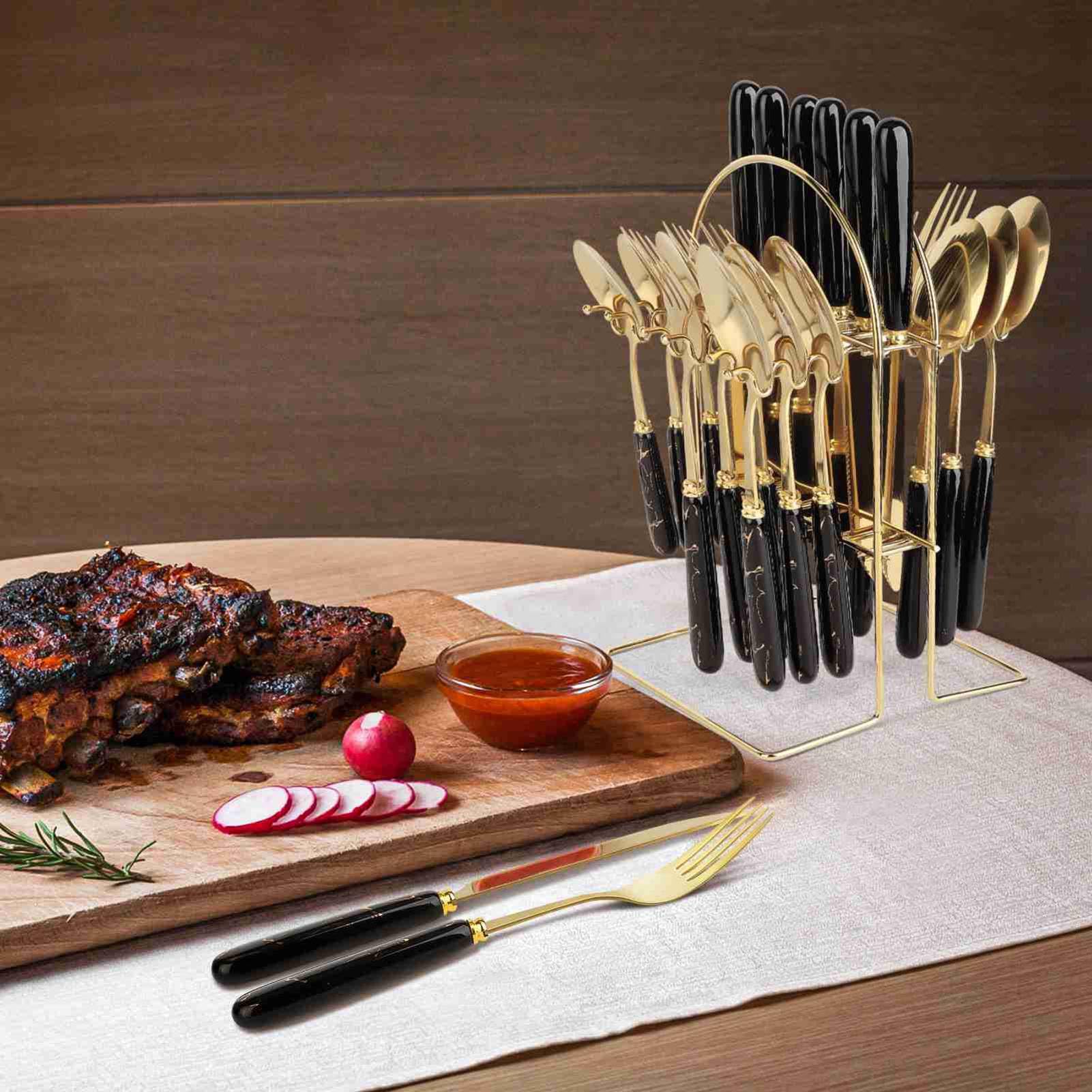 Juego de cubiertos de acero inoxidable, 24 piezas, mango negro con borde dorado, tenedores, cucharas, cuchillos, cubiertos, utensilios de metal duraderos para filetes, cenas,