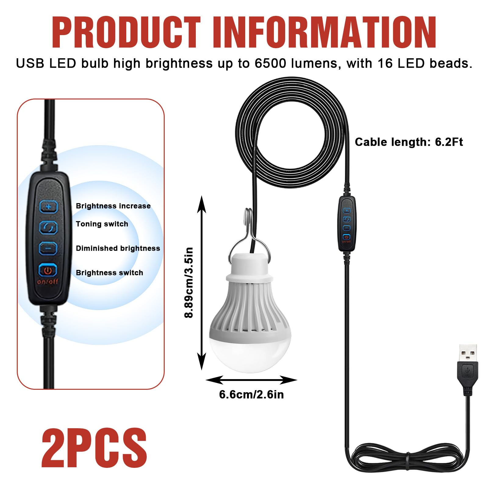 Set di 2 lampade da campeggio LED USB ricaricabili 7 W - Lampada da tenda con intensità variabile - 3 modalità di illuminazione 2700-5000 K - Luce di emergenza con gancio - Funziona con pile