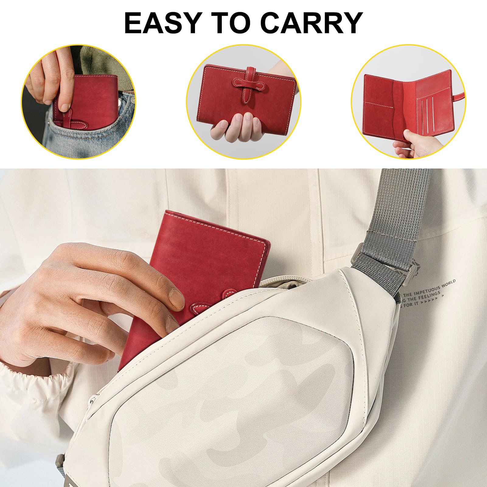 Porta passaporto in pelle per viaggi donne e uomini, slot per carte di blocco RFID, pelle pieno fiore con fibbia magica, tasca per carta d'imbarco, portafoglio passaporto retrò, Rosso, Small