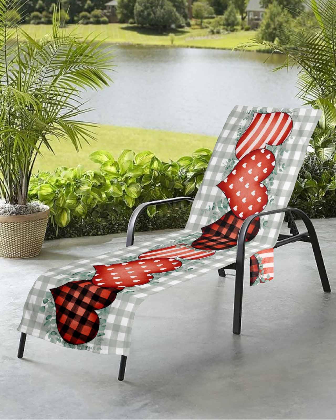 Watercolor Love Beach Chair Towel Covers for Chaise Lounge with Side Pocket, Soft Plush Pool Towels Cover for Patio Sunbathing Outdoor 29''x85'' Eucalyptus Leaves Buffalo Plaid Dots