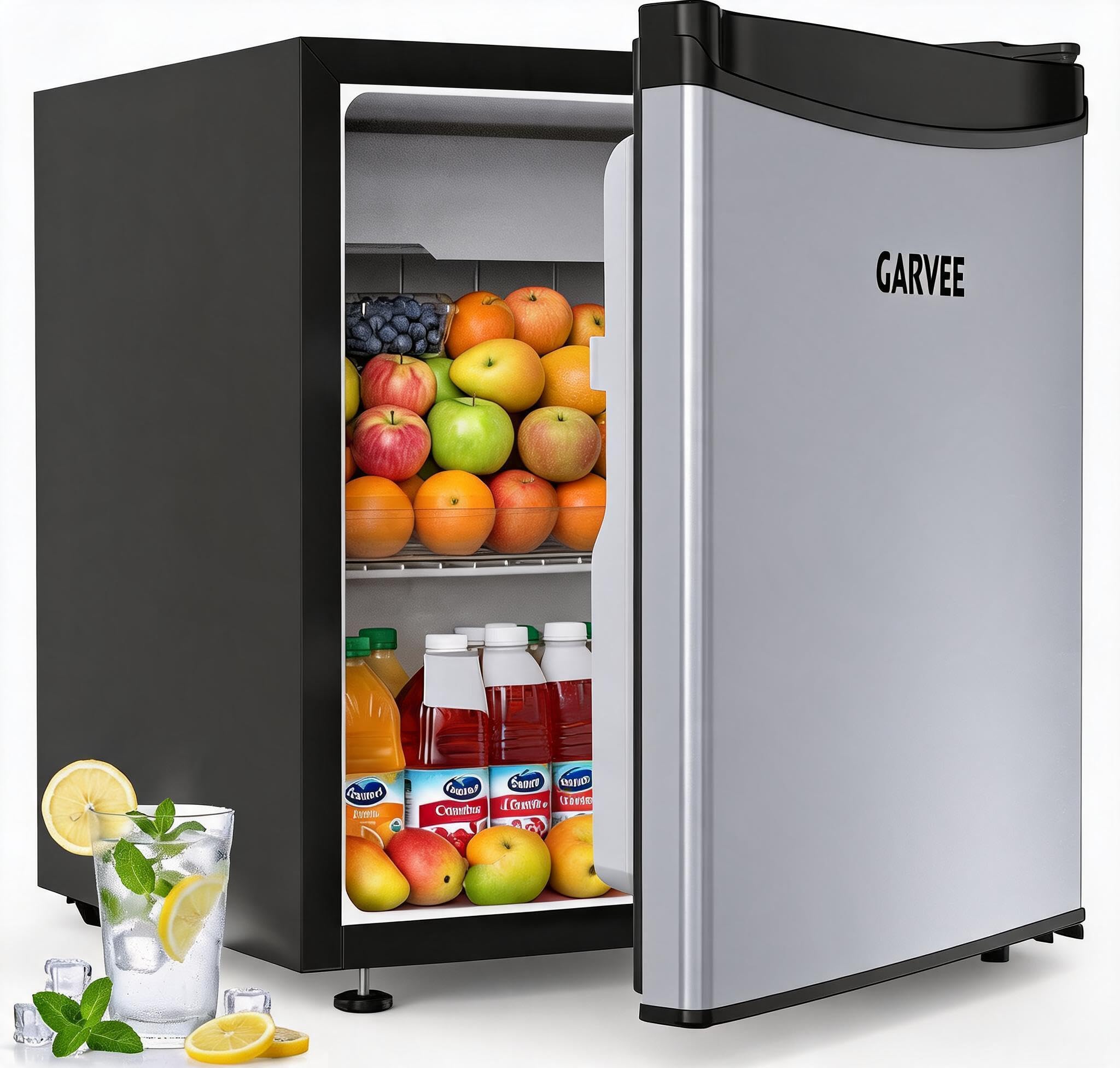Garvee Leiser Mini Kühlschrank 45L Edelstahlfront 5 Temperaturstufen 0–18℃ Gemüseschublade verstellbare Füße kompakt energieeffizient