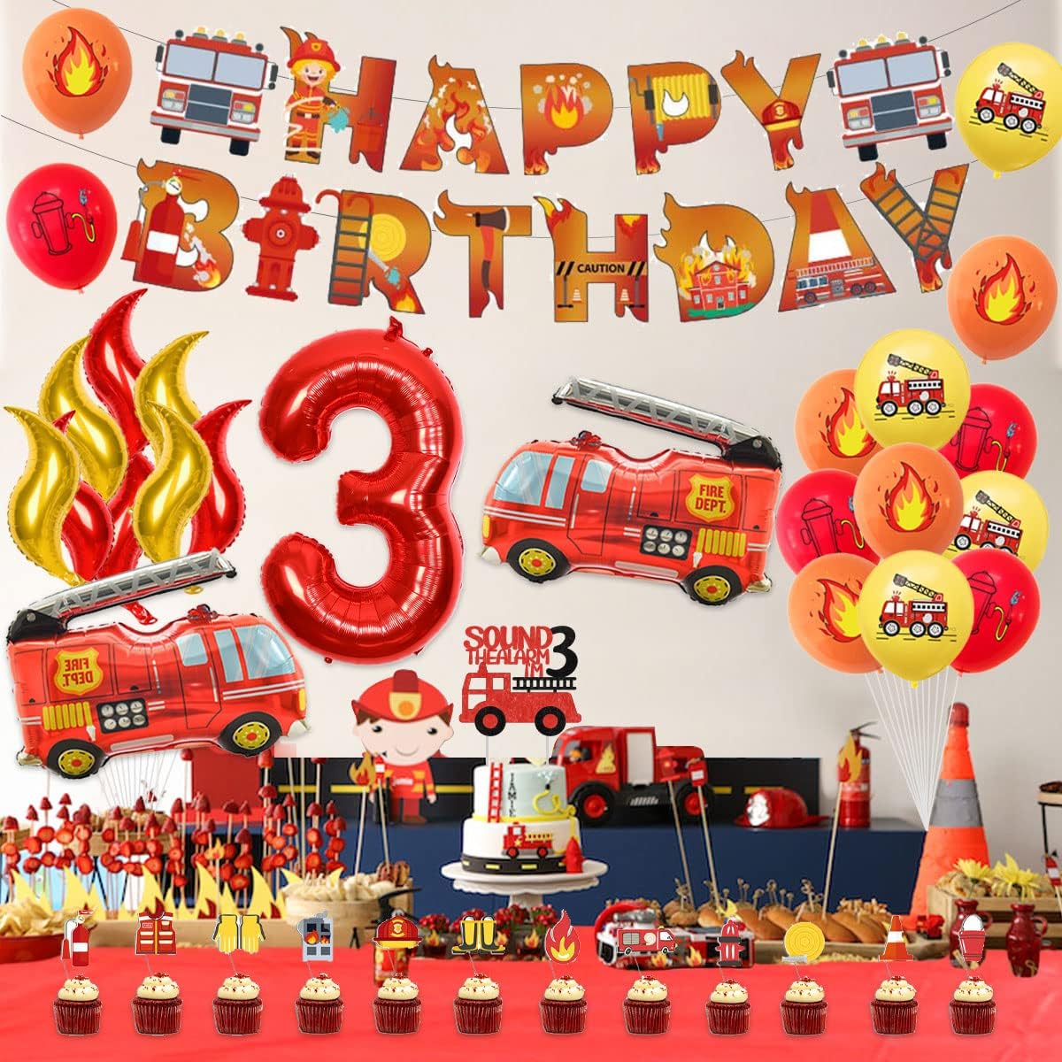 Sursurprise Fire Engine 3rd Birthday Decorations for Boy Sound the Alarm I’m 3 Cake Topper, Happy Birthday Banner - Image 3