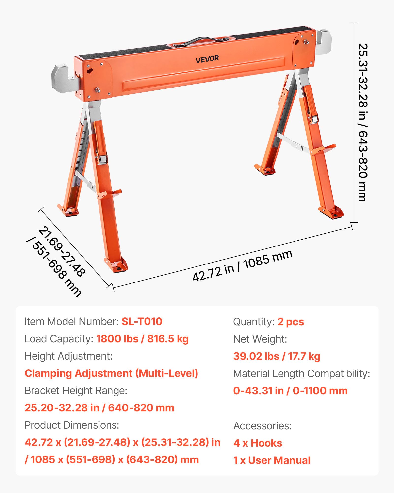 VEVOR Chevalet de Sciage, Lot de 2, Tréteau de Sciage Pliable, Capacité de Charge 816,5 kg, Hauteur Réglable, Pieds Robustes, Patins Antidérapants, Outil pour Menuiserie, Menuisiers, Bricoleurs Bois