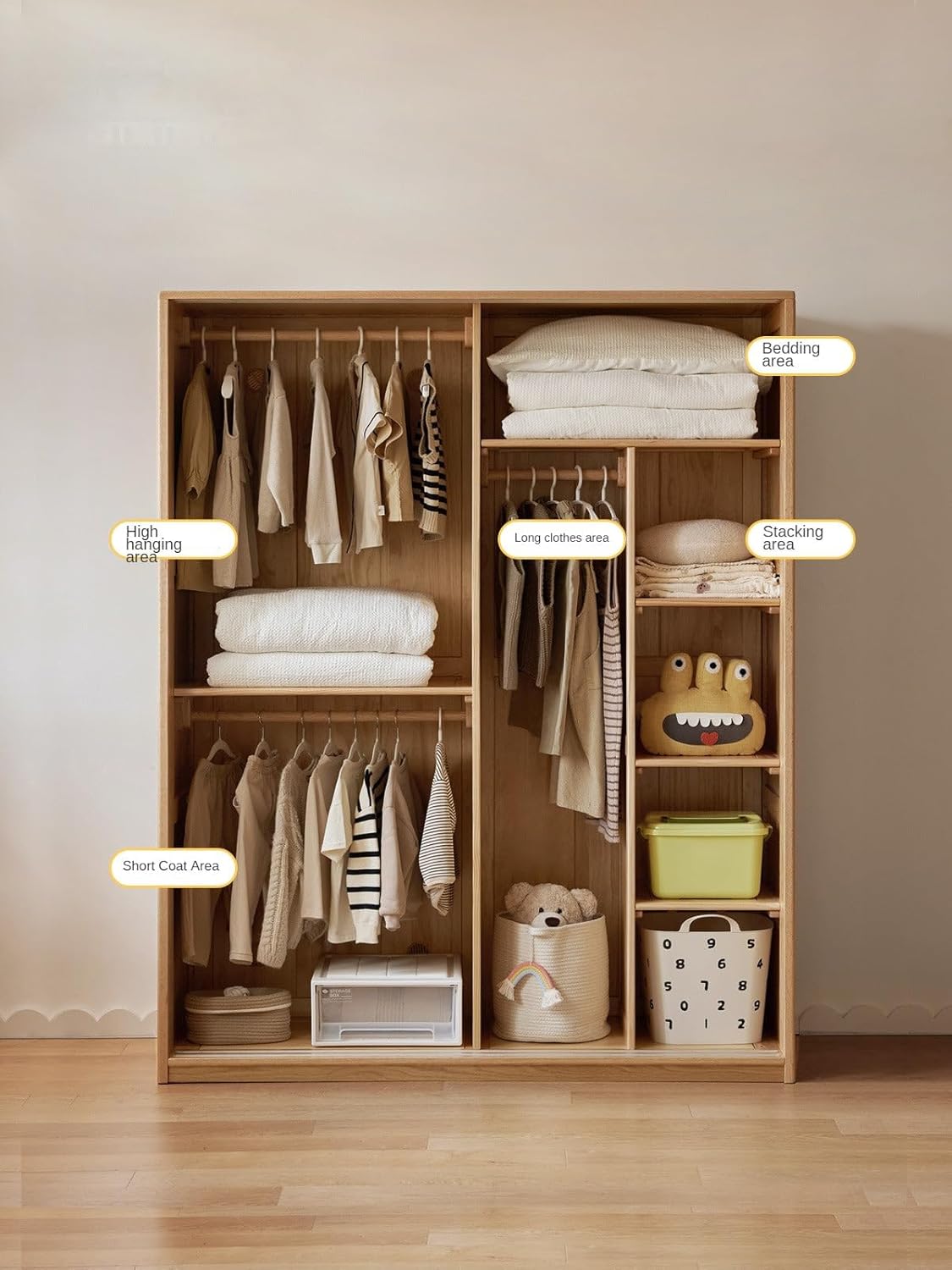 GVAwood Oak Solid Wood Kids Sliding Door Wardrobe 55.1x22x78.7 inch / 140x56x200 cm/Natural Wood Color/Children’s Sliding Door Wardrobe (with Hanging Rod)