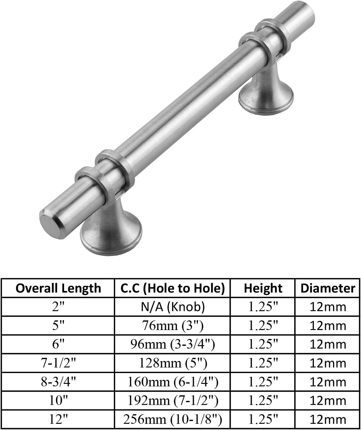 Modket 12-Series Brushed Nickel T Bar Handle Pull — 7-1/2" (192mm) Hole Centers, 10" Overall Length — 5 Pack Modern Kitchen Cabinet Door Drawer Hardware/Dresser