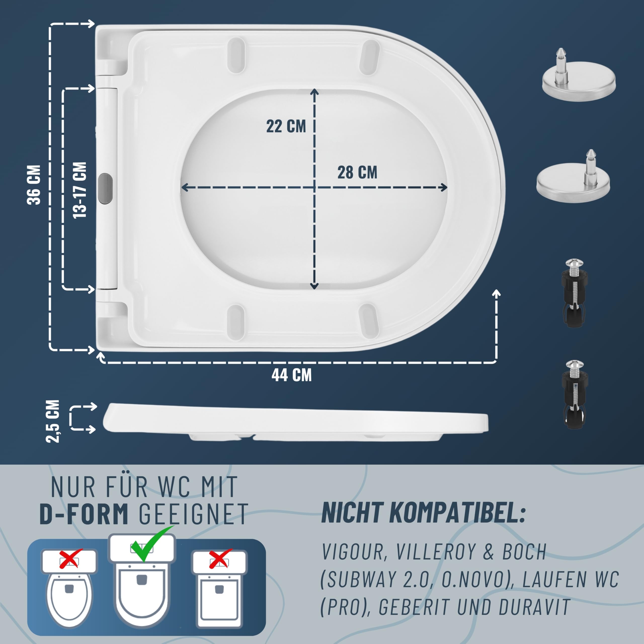 MEISTERWERK Toilettendeckel mit Absenkautomatik - WC Sitz mit 99,9% Antibakterieller Oberfläche - Toilettensitz mit Quick Release & Softclose Funktion Klodeckel - D-Form (Weiß)