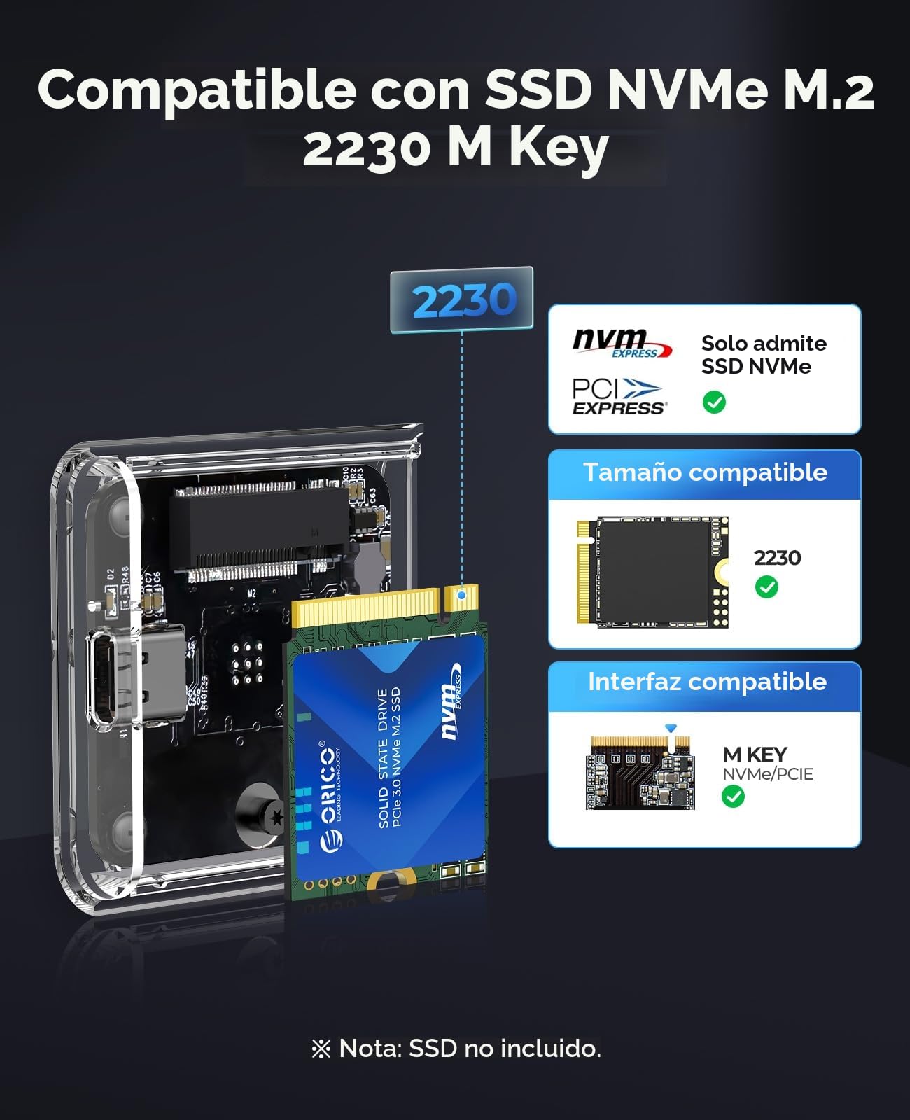 ORICO M.2 2230 SSD Carcasa, 10Gbps Carcasa NVMe M2, Adaptador USB C 3.2 Gen2 a M2 NVMe para iPhone 15 Pro Max ProRes, Caja M2 SSD Soporta UASP & Trim, M-Key(B+M Key) - TC20