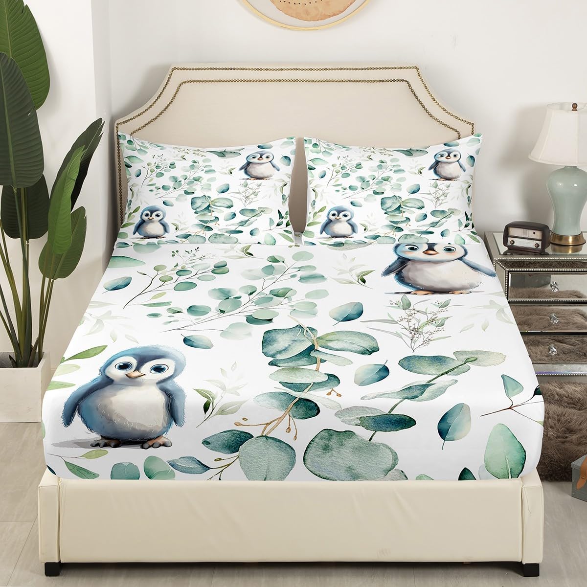 Erosebridal Cartoon Penguin Bed Sheets Set Toddler Woodland Wildlife Full Sheet Set, Spring Plant Sheets Eucalyptus Leaf Bed Set, Antarctic Animal Theme Flat Sheet Kids Room Decor