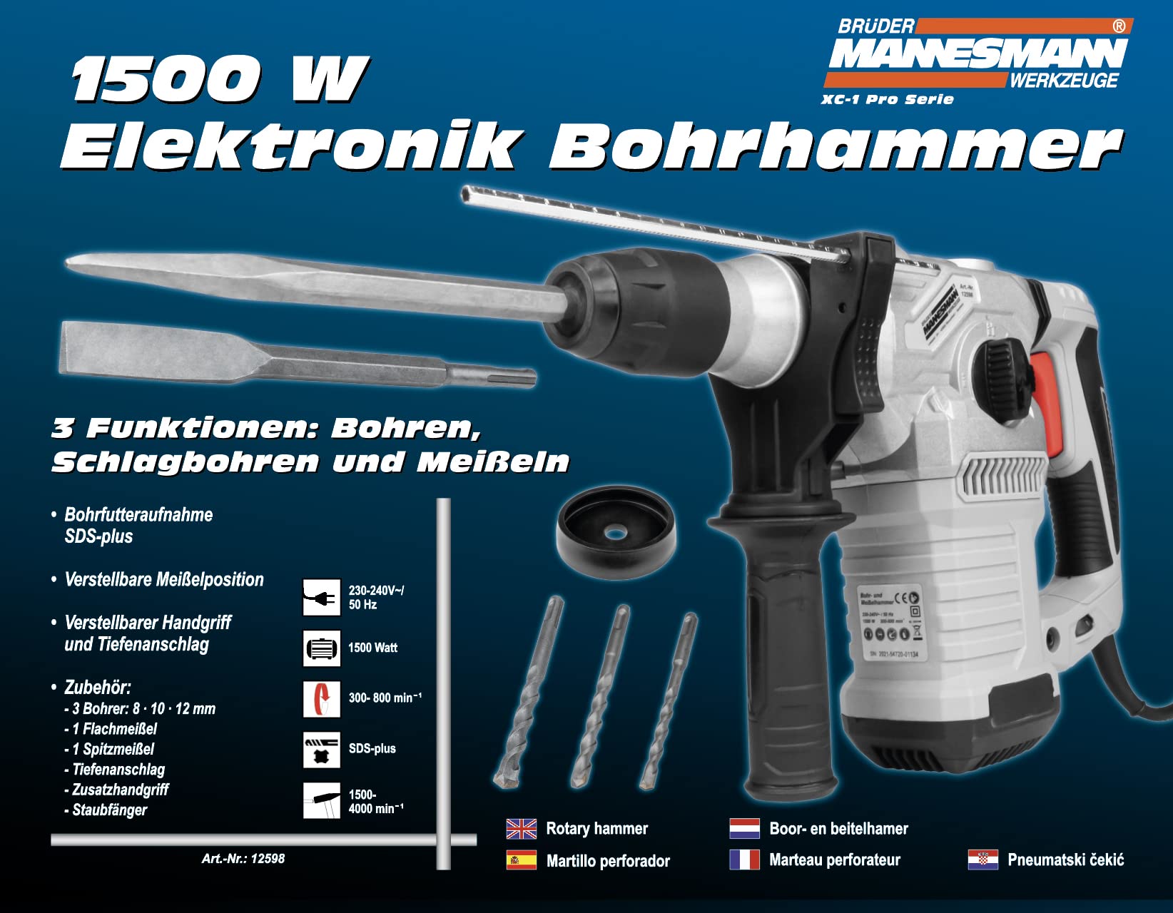Brüder Mannesmann M12598 1500 W elektroniczny młot udarowo-obrotowy, szary