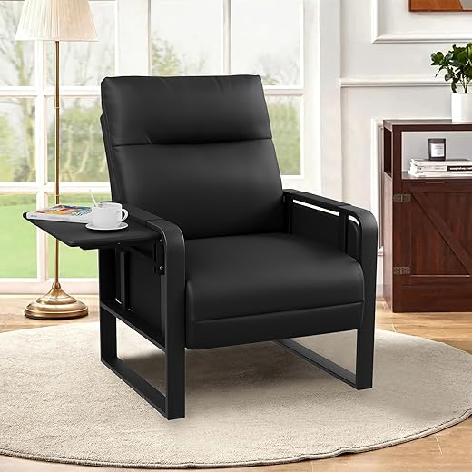 Modern Black Accent Chair PU Leather Upholstered Armchair with Foldable Side Table for Bedroom Living Room Chairs Office Chair
