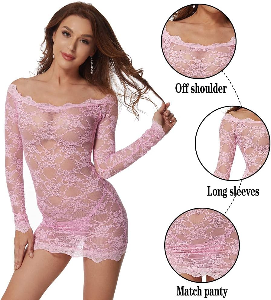 LINGERLOVE Plus Size Women's Sexy Babydoll Dress Lingerie Floral Lace Off Shoulder Chemise Sleepwear - Image 5