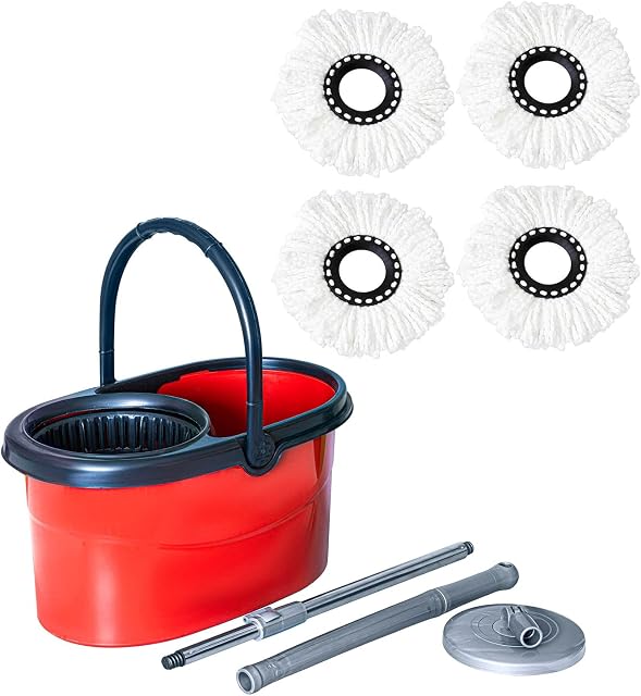 K-ONE 360 Spin Mop Bucket Set with Spin Wringer with 4 Microfiber Mop Pad Head Telescopic Easy Press Handle Home Cleaning Clean Floor