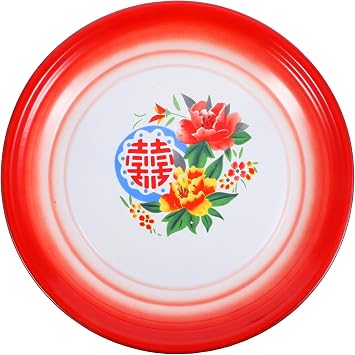 Hemoton Enamel Dinner Plates, 13.7 Inch Round Vintage Dish, Chinese Wedding Plate Reusable Enamel Trays for Fruit Pasta Salad