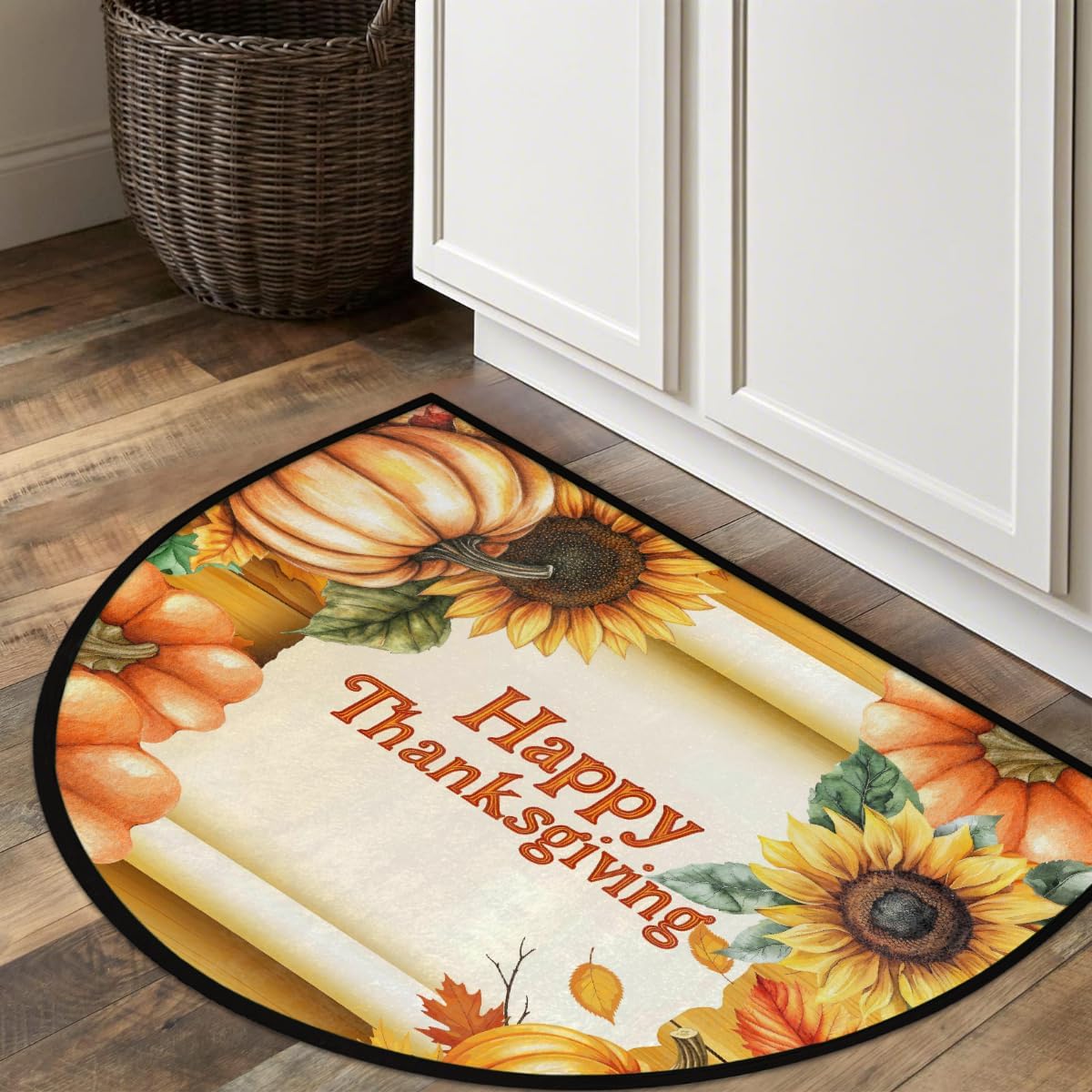 Thanksgiving Pumpkin Fall Sunflowers Half Round Doormat Washable Semi Circle Rug Non Slip Half Moon Rug Floor Mat for Indoor Outdoor Bathroom Kitchen Fireplace Entryway Bath Holiday Decor