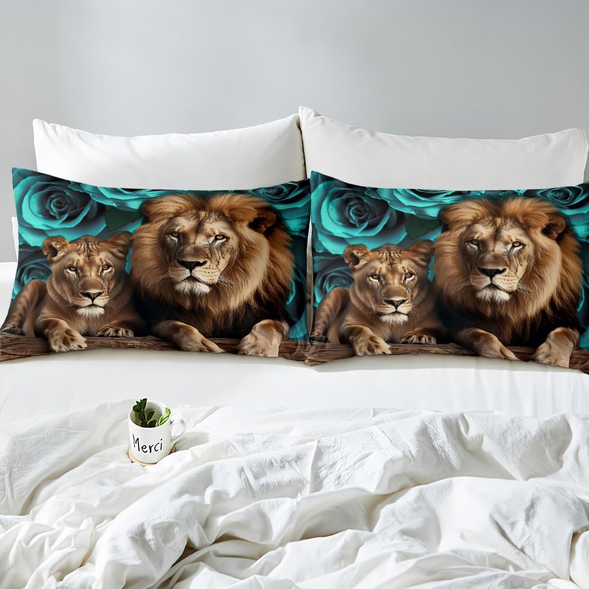 Erosebridal Lion Duvet Cover Teal Turquoise Rose Bedding Set for Women Men,Wild Animal Flowers Comforter Cover Brown Big Cat Fur Hair Bed Set Queen,Woodland Wildlife Romantic Floral Room Decor