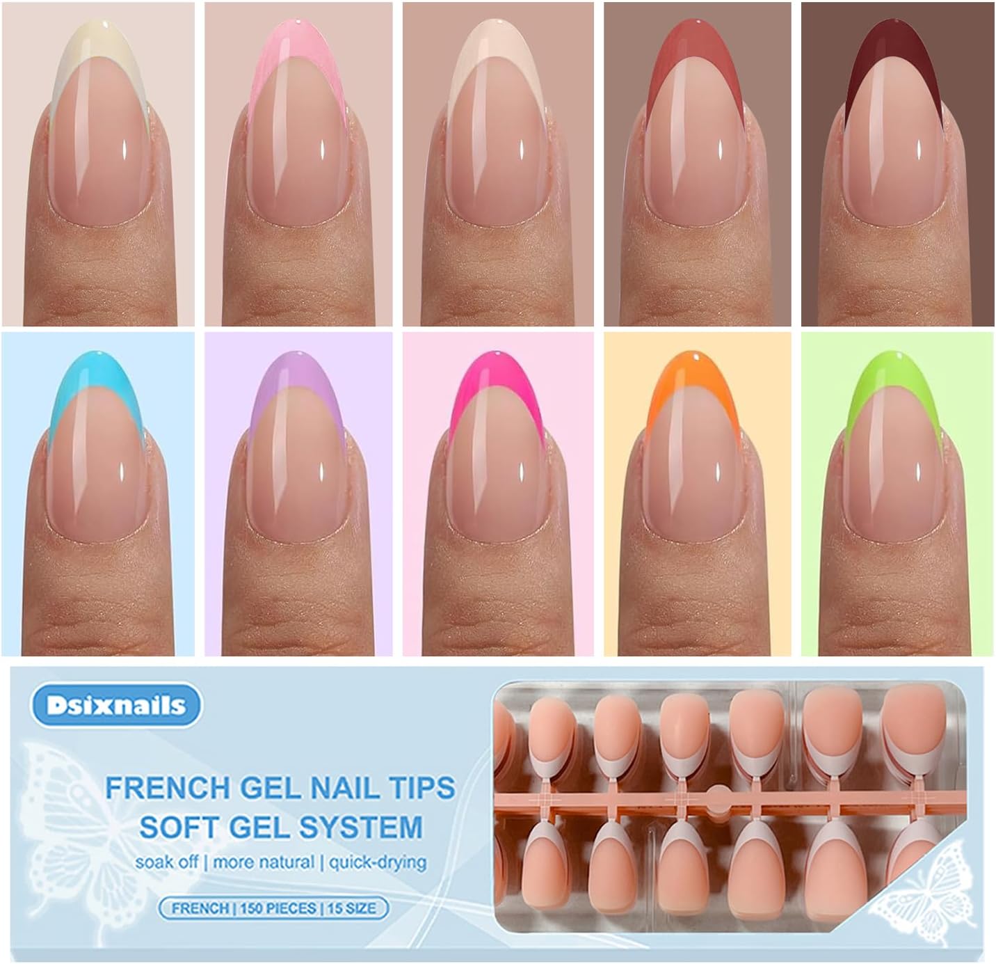 Dsixnails French Tip Press on Nails, Short Almond Matte, 300Pcs, 10 Colors
