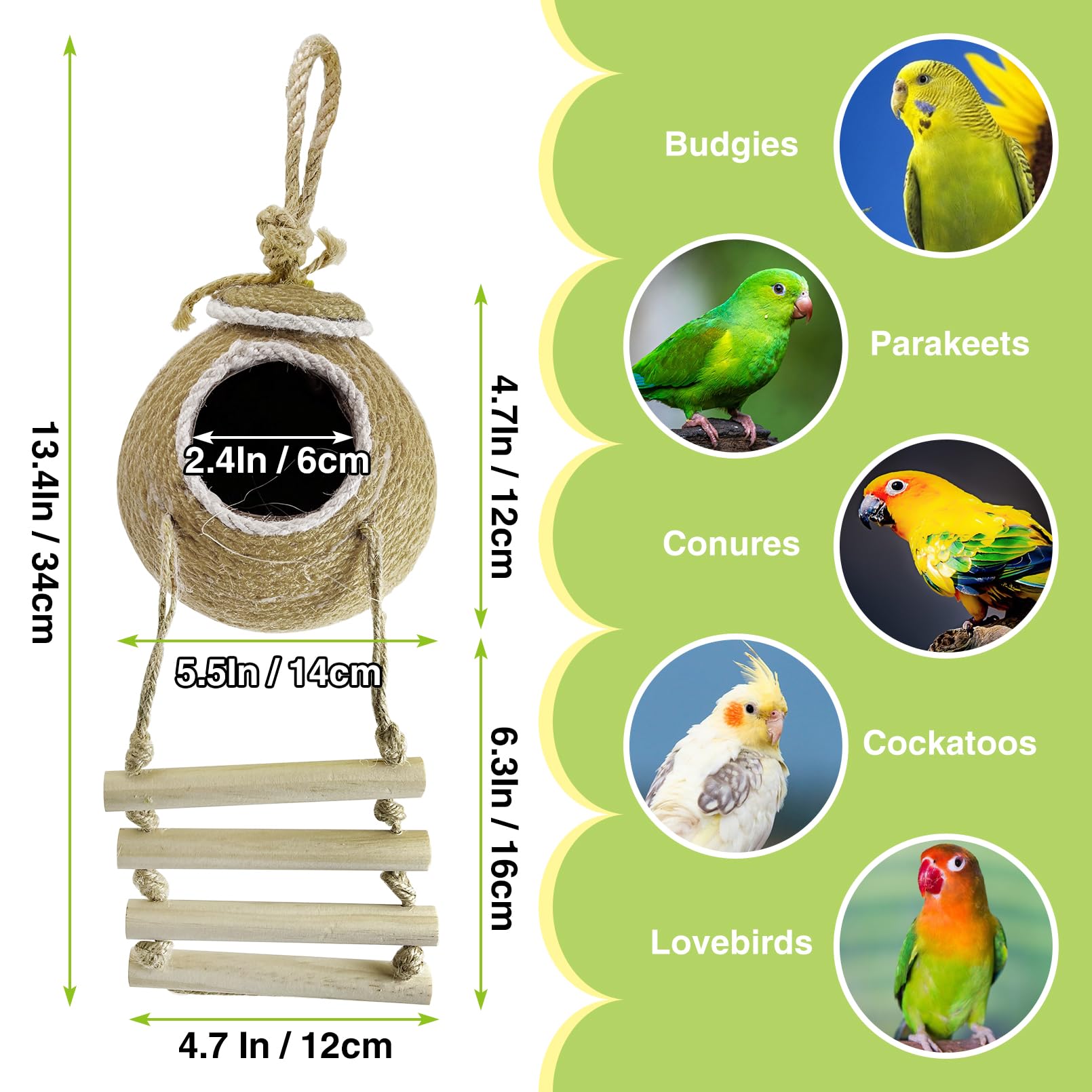 Tfwadmx Coconut Hide with Ladder, Natural Coconut Fiber Hanging Birdhouse Cage, Handmade Sisal Rope & Coconut Bird Shell Breeding Nest for Parrot Parakeet Lovebird Finch Canary (2 Pcs Brown)