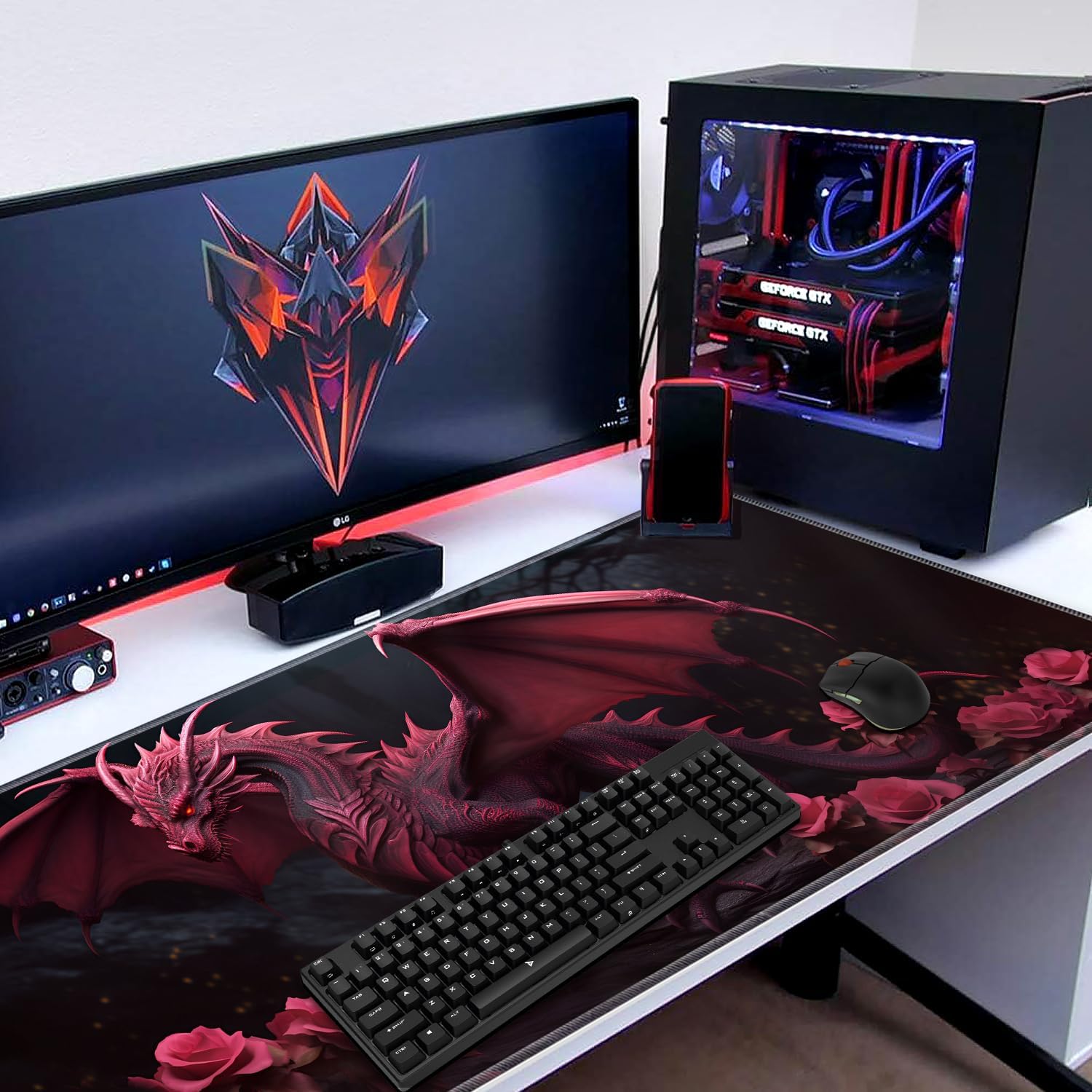 Mouse Pad Set, Large Gaming Mouse Pad (31.5X 11.8 inches)+ Wrist Rest Pad + Coaster, Ergonomic Wrist pad, Home Office Desk Accessories Decor Supplies, Rose Dragon