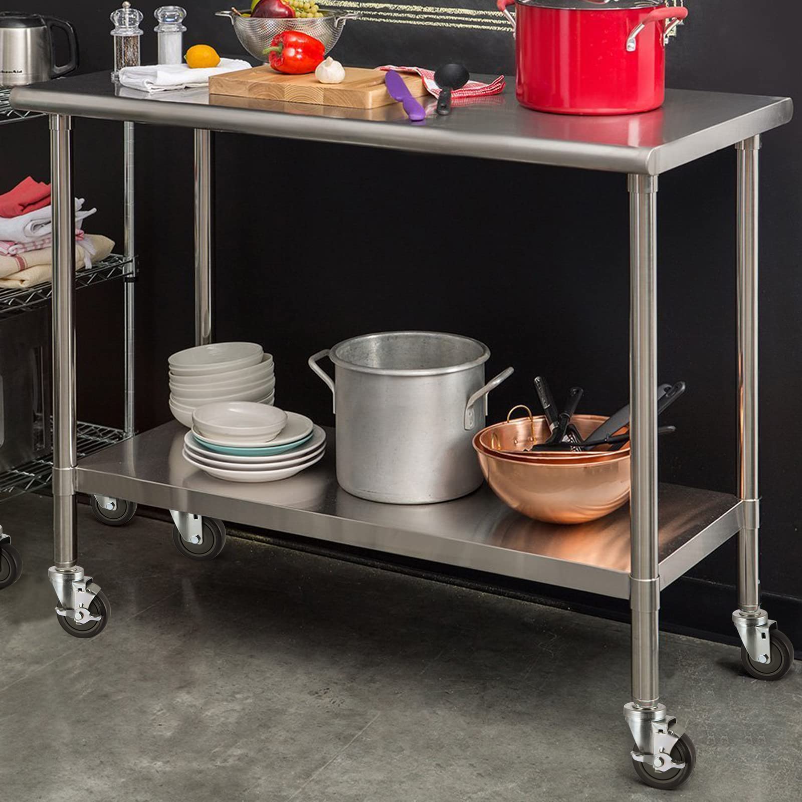 Skelang 4 ruote a stelo espandibile da 10,2 cm, in acciaio inox, con freni, ruote resistenti per tavoli da lavoro da cucina commerciali con tubo da 38 mm, capacità di carico totale 400 kg