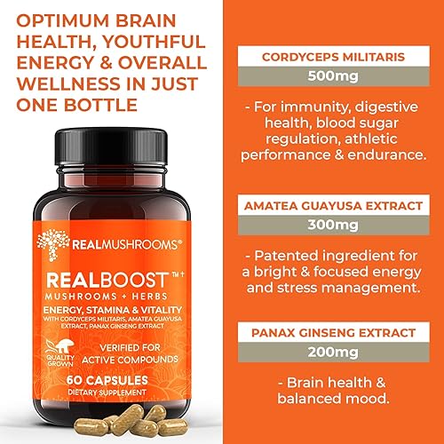 Miniatura 2 de Real Mushrooms RealBoost (60 ct), melena de león (120 quilates), Cordyceps y cola de pavo en polvo y cápsulas - Suplemento de hongos para energía,