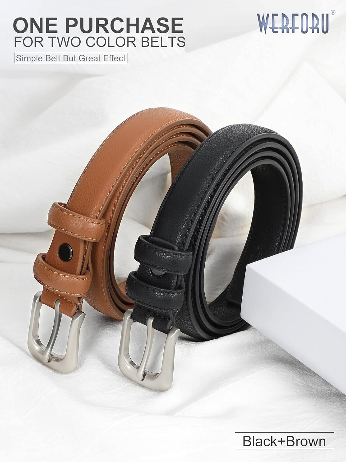WERFORU 2 Pack Women Leather Belt for Pants Jeans Skinny Waist Belts for Dress Casual Ladies Belt Solid Pin Buckle - Image 2