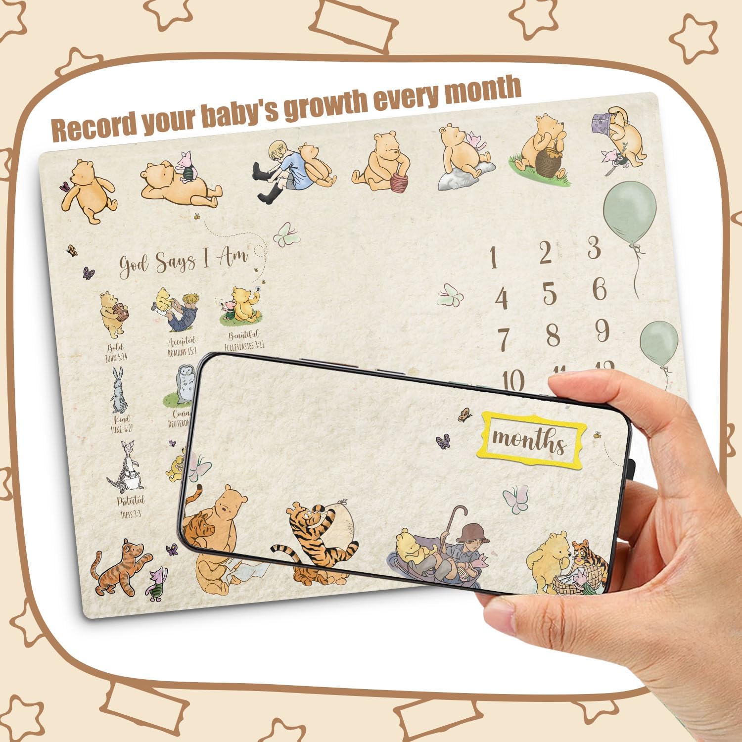 Winnie Baby Milestone Blanket, God Says I am Bold Milestone Blanket, Winnie Newborn Month Blankets for Baby, with Double-Sided Printed Cardstock（16 Unforgettable Moments of Babies）