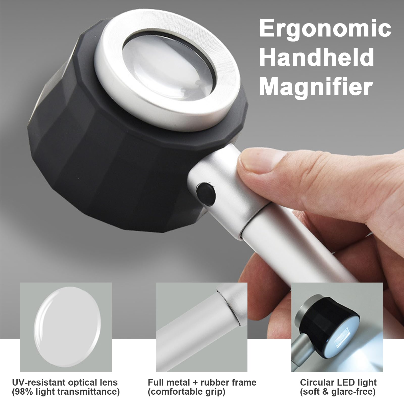 Lente d'Ingrandimento 30x con Luce,Ricaricabile, Manico Rimovibile & Righello 2cm, Lente Vetro Ottico 25mm per Gioielli, Dermatoscopio, Monete, Ispezione Pelle