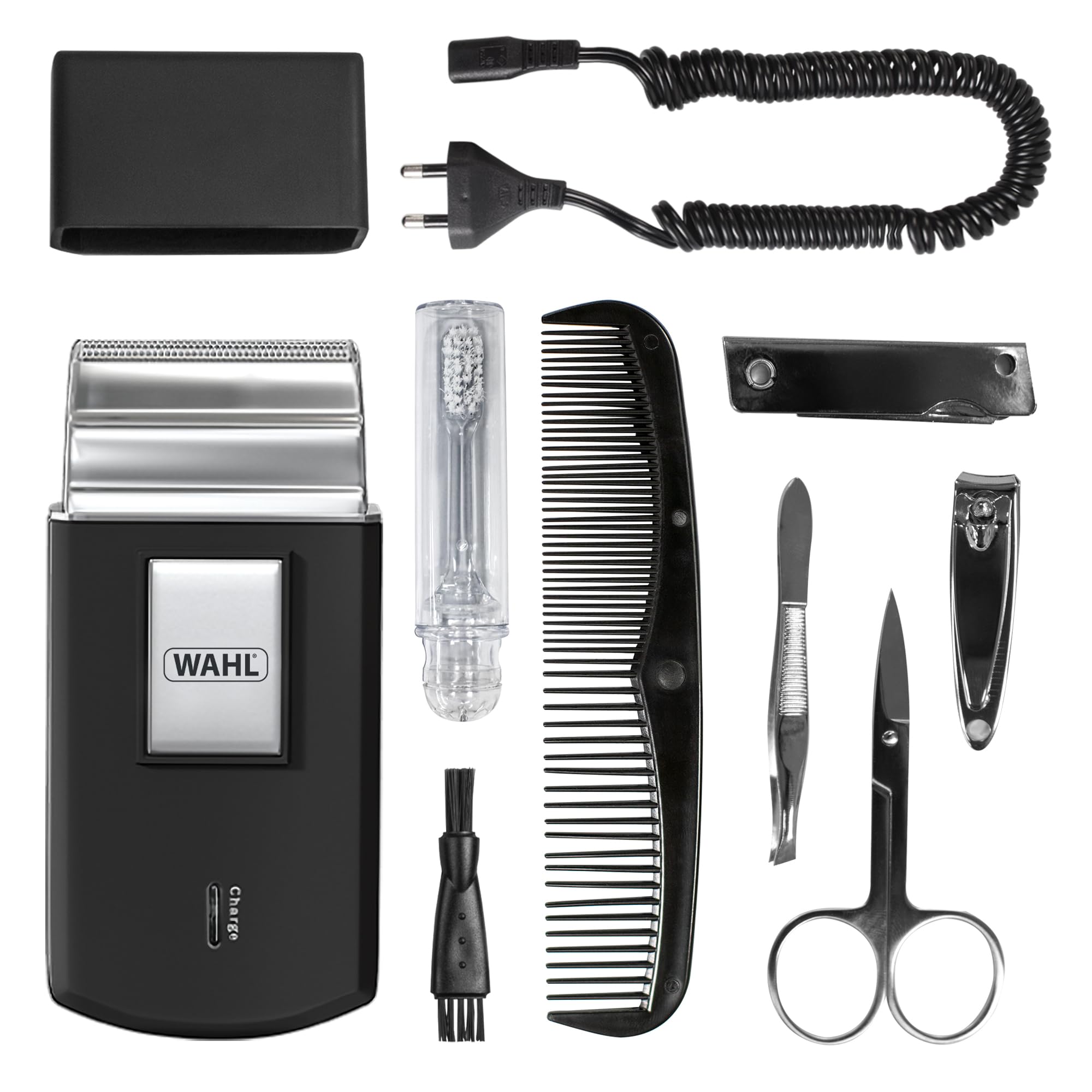 Wahl Travel Shaver Kit, ricaricabile, lamina flessibile, include spazzolino da denti, lima per unghie, forbici per unghie, pinzette, pettine, perfetto per i viaggi, piccolo, custodia da viaggio