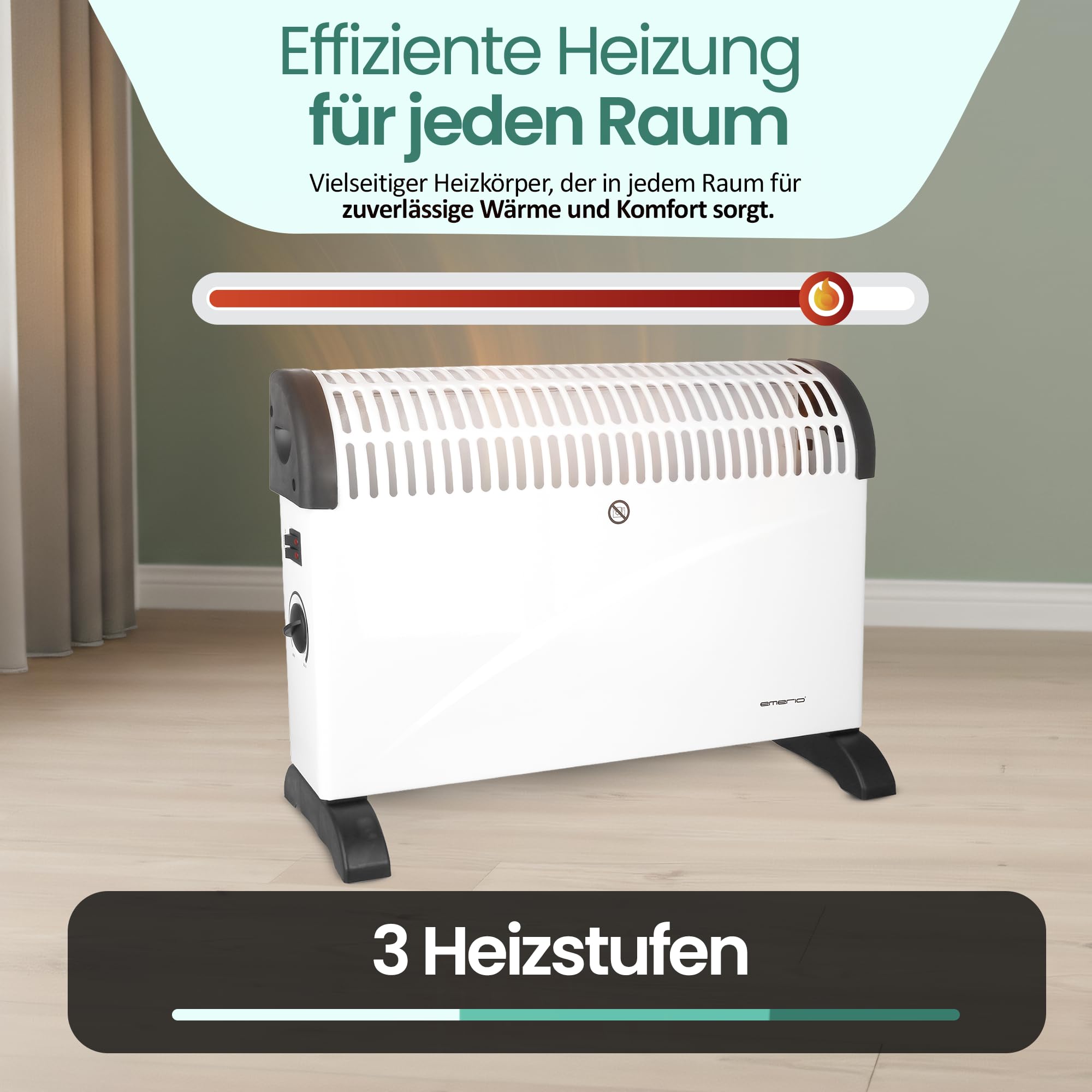 EMERIO Convector CH-121858.2 Calefacción eléctrica, hasta 20 m², 2000 W, con termostato ajustable, calefactor, 3 ajustes de calor (750 W/1250 W/2000 W), protección contra sobrecalentamiento, estable