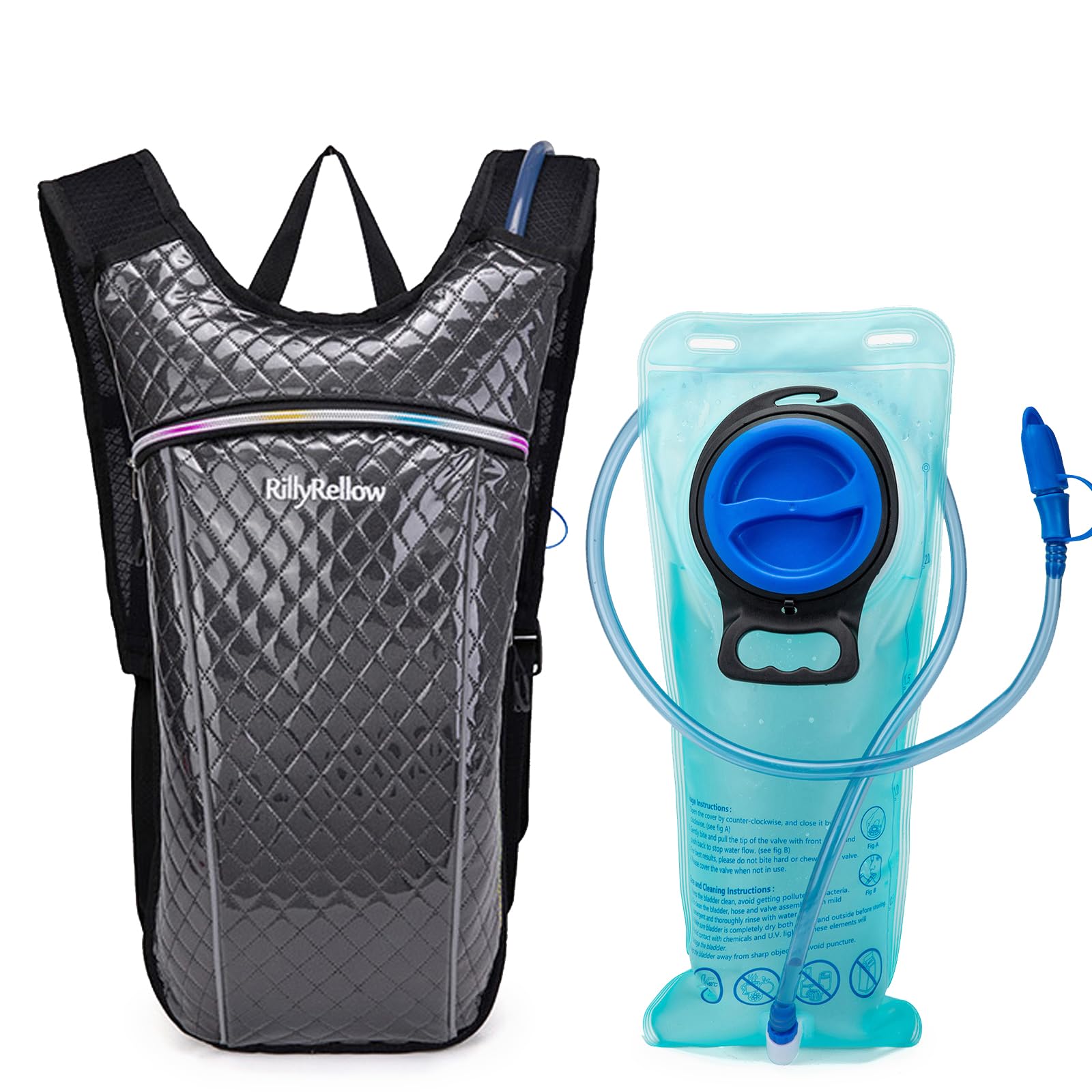 Hydration Backpack with 2L Water Bladder, Lightweight Insulation Water Backpack, for Raves Festivals Concert, Hiking, Biking, Climbing, Running and More (Rhombus - Black, 2L Water Bladder)