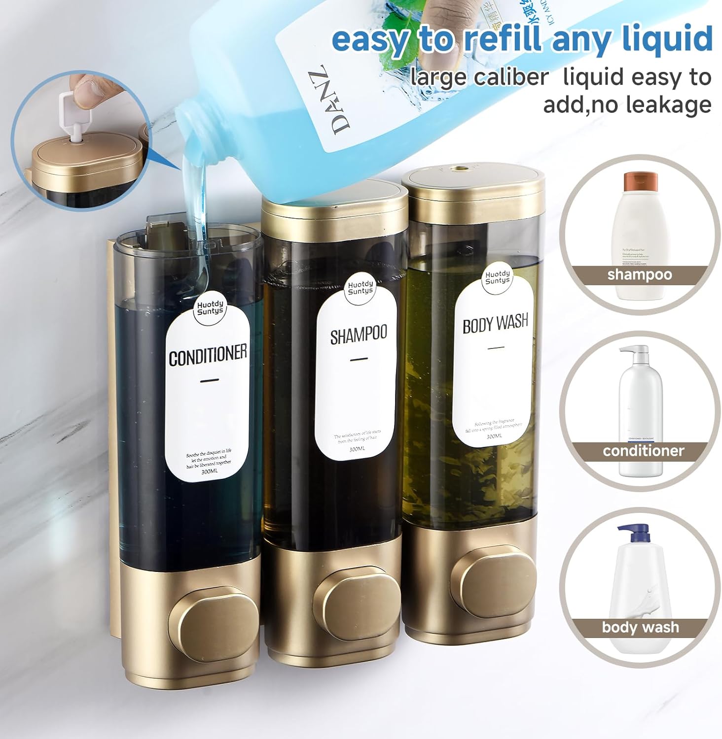Shampoo and Conditioner Dispenser, Refillabe Shower Soap Dispensers 3 Chamber No Drill Shampoo Dispenser for Shower Wall Mounted 3 * 300ml Container for Bathroom Hotel (Bronze Gold 3 Chamber) - Image 3